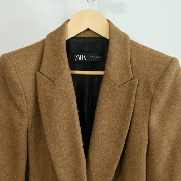 Zara Woman Camel Shetland Wool Long Coat Tailored Blazer Jacket Wool Blend small - Picture 2 of 9